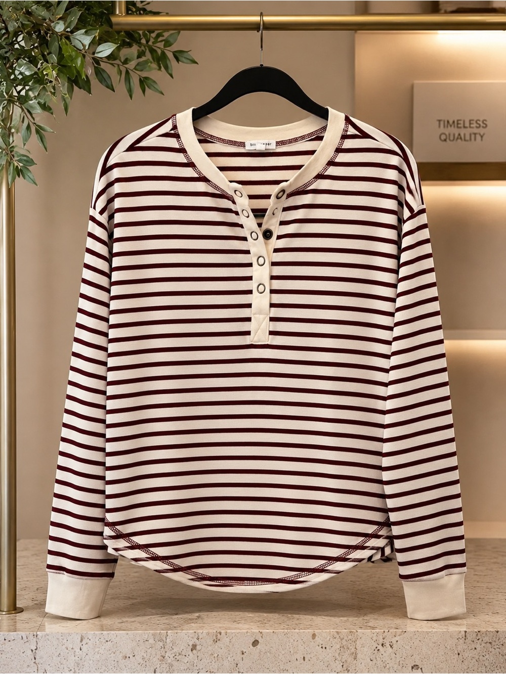 Striped Henley Knit Top in Cream & Burgundy